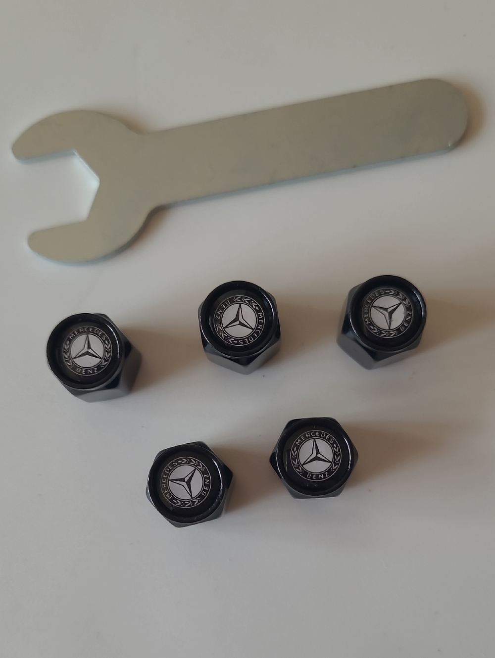 5 New Black  Mercedes Bens Valve Stem Covers for tires With Wrench